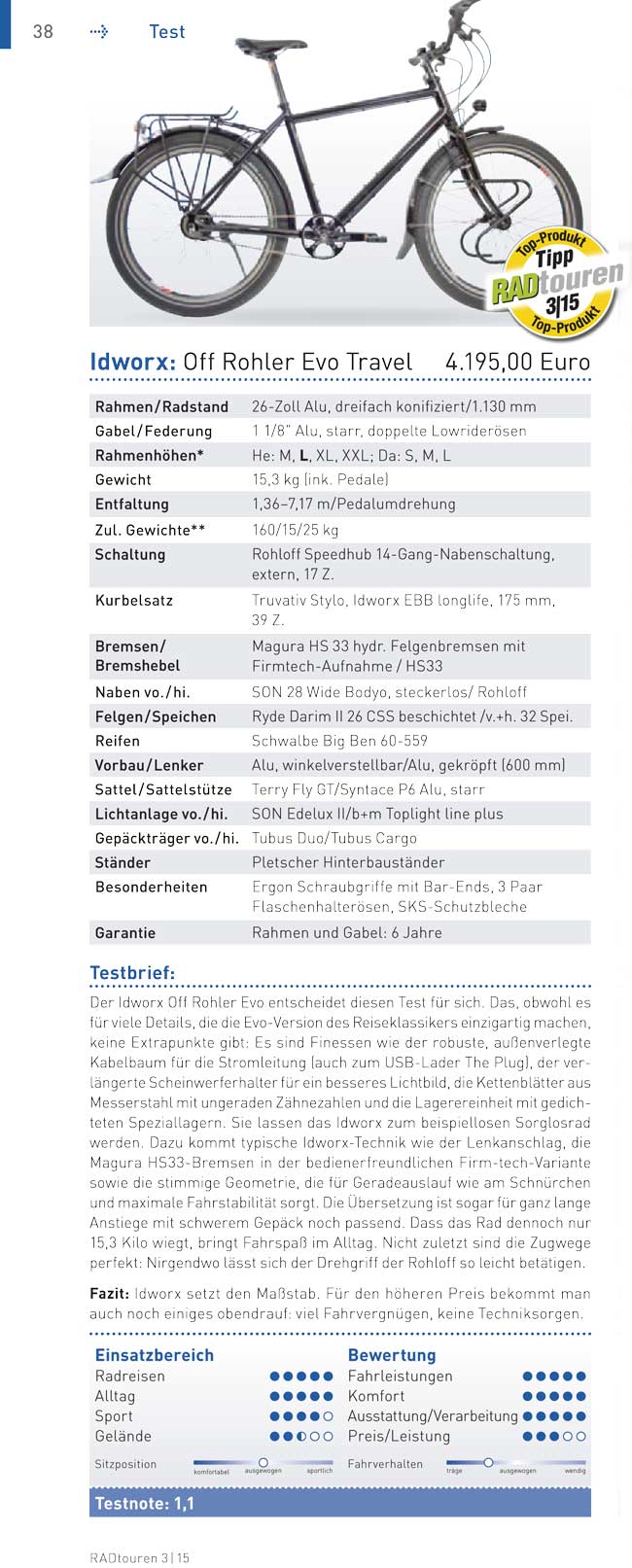 Test idworx Off Rohler Evo ‘travel spec‘: <br />„Vergleichstest Aluräder – RADTouren Top-Produkt 3/15“ – Testnote: 1,1
